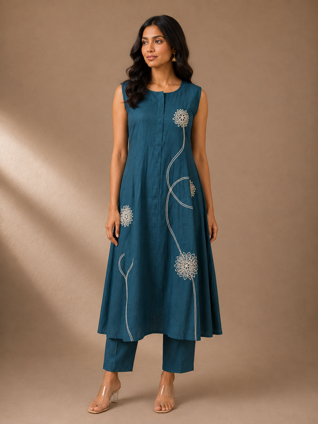 Teal Blue Silk Blend A-Line Kurta Set with Floral Embroidery